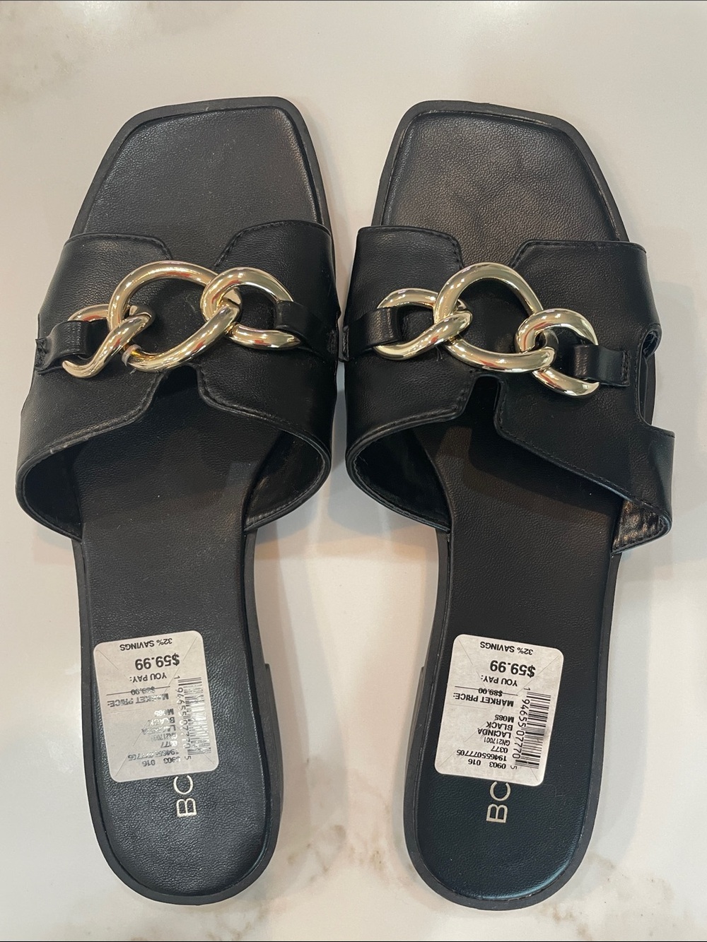 BCBG Black Slide Mules with Gold Chain Detail